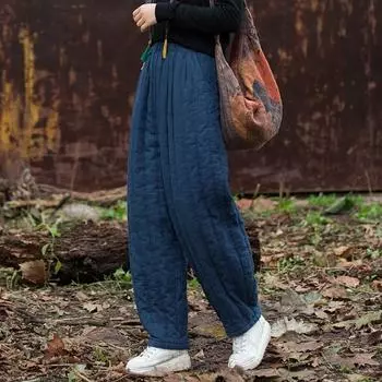 Johnature Зимние брюки с эластичной талией, однотонные теплые брюки с полосатыми карманами, винтажные мягкие женские длинные брюки One Size темно-синий
