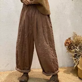 Johnature Зимние брюки женские повседневные японские эластичные талии свободные карманы женские брюки One Size чёрный