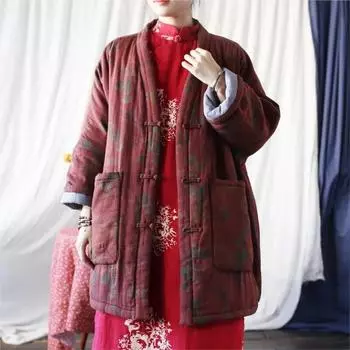 Johnature зимние плюс хлопковые теплые парки женские парки с v-образным вырезом и длинными рукавами на пуговицах в стиле пэчворк карманы с цветочным принтом пальто One Size красный