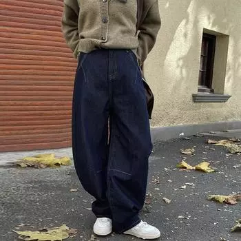 Johnature зимние винтажные японские плотные джинсы из денима, повседневные женские брюки полной длины со свободными карманами и карманами S темно-синий