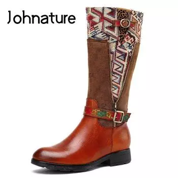 Johnature/зимние высокие сапоги; женская обувь; ботинки из натуральной кожи на молнии в этническом стиле в стиле пэчворк с круглым носком и шитьем на платформе ручной работы