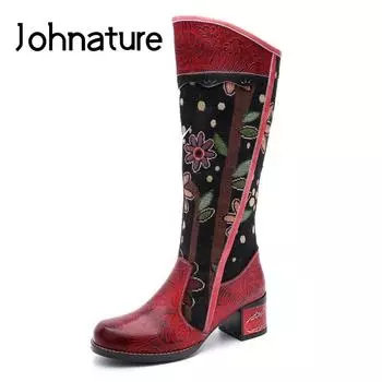 Johnature/зимние высокие сапоги, женская обувь, обувь из натуральной кожи с круглым носком, для отдыха на молнии и принтом, ботинки ручной работы на платформе с шитьем