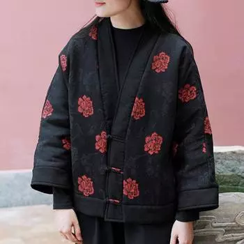 Johnature зимние женские хлопковые и льняные жаккардовые китайские парки с пряжкой и цветочным принтом, парки с длинными рукавами