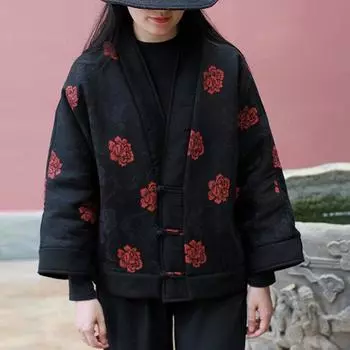 Johnature зимние женские хлопковые и льняные жаккардовые китайские парки с пряжкой и цветочным принтом, парки с длинными рукавами One Size чёрный