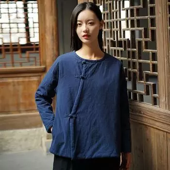 Johnature Зимние женские утепленные пальто с круглым вырезом и пряжкой в стиле ретро, свободные, удобные, с длинным рукавом, универсальные пальто One Size темно-синий