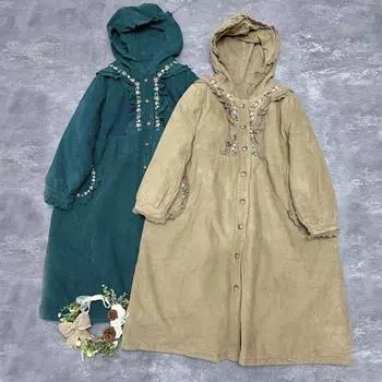 Johnature Зимний лес винтажная кружевная лоскутная кепка с вышивкой и карманами, стеганое длинное пальто, ветровка, утепленное пальто One Size темно-зеленого