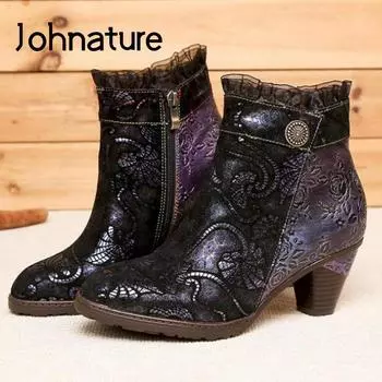 Johnature/зимняя обувь с принтом, женские ботинки, ботинки из натуральной кожи на молнии с круглым носком, этнические шитье, ботинки ручной работы на кружевной платформе ручной работы 36 чёрный