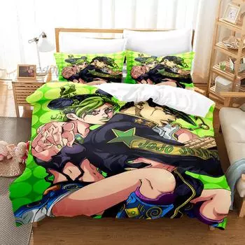 JoJo Bizarre Bedding Set Single Twin Full Queen King Size Bed Set Aldult Kid Bedroom Duvetcover Set 3D Print Anime Bed Set AU Single(140x210cm)