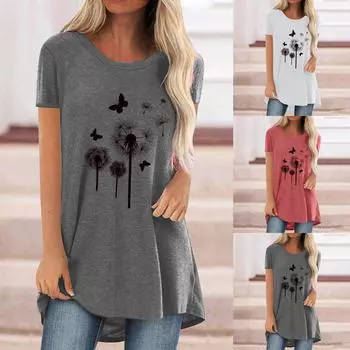 [Joliann] Женская модная блузка с круглым вырезом и коротким рукавом с принтом, туники, рубашки, футболка L
