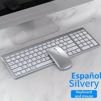 Jomaa Silver Spanish Keyboard and Mouse Set Bluetooth +2.4G Wireless Keyboard and Mouse Comb для компьютера, ноутбука, Slient Click