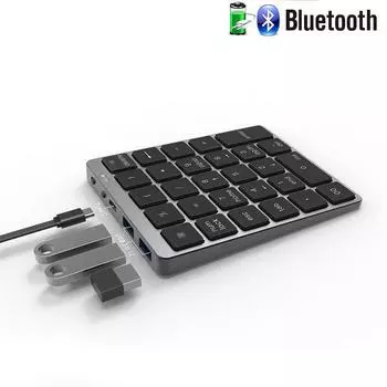 Jomaa Wireless Bluetooth Numeric Keypad with USB HUB Dual Modes Rechargeable Numpad for Tablet Laptop серебряный