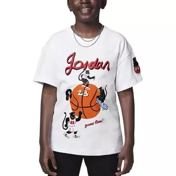 Jordan Футболка Game Time из хлопкового трикотажа, приятная для кожи, с круглым вырезом и коротким рукавом, детские топы, белые HQ7122-100 M