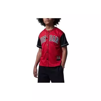 Jordan Letter Logo Number Embroidery Color Block Round Neck Single Button Short Sleeve T-Shirt Kids T-Shirts Fitness-Red FQ0573-687 M