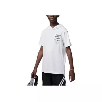 Jordan Letter Logo Print Hooded Short Sleeve Sweatshirt Kids tops White FB0844-100 S
