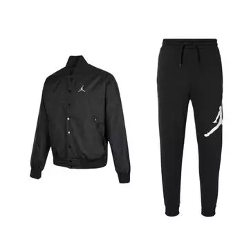 Jordan Logo Baseball Collar Drop Shoulder Jacket And Long Pants Casual Sports Set Men Set Black DA6804-010+DJ0878-010 L