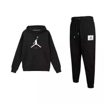 Jordan Logo Print Hooded Fleece Long Sleeve Mid Waist Drawstring Pants Sweatshirt Set Men Sweatshirt Set Black DQ7469-010+-FD7546-010 M