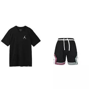 Jordan Logo Round Neck Short Sleeve Tie Waist Shorts Casual Sports Set Unisex sets Black AH5297-010+HF6592-010 L
