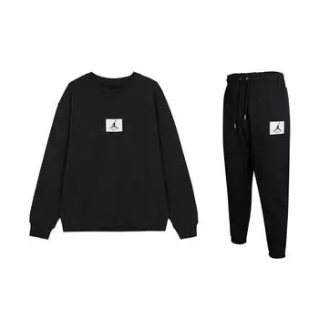 Jordan Minimalist Fashion Round Neck Pullover Long Sleeve Top Versatile Design Patch Pants Sweatshirt Set Men sets Black FB6935-010+DQ7469-010 L