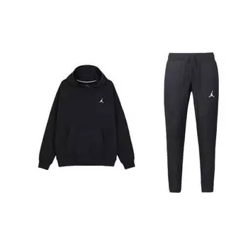 Jordan Solid Color Logo Hoodie Pullover Long Sleeve Sweatshirt Drawstring Cuffed Knit Pants Casual Sports Set Men sets Black DH9074-011+FJ7775-010 M