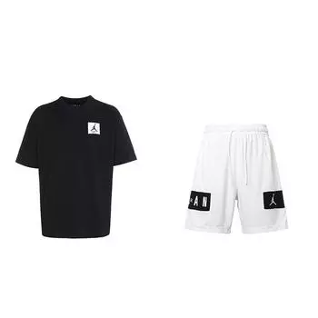 Jordan Solid Color Patch Round Neck Pullover Short Sleeve Color Block Quick Dry Knitted Basketball Shorts Casual Sports Suit DZ7314-010+-CZ4772-100 XL