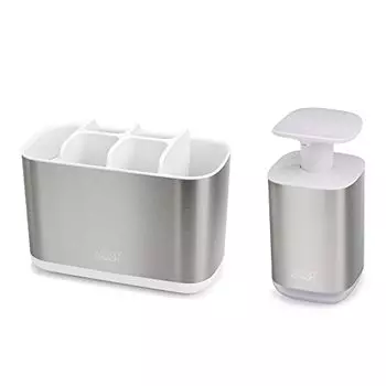 Joseph Joseph Bathroom Beauties 2-Piece Bathroom Sink Set with Toothbrush Holder and Soap Pump, Stainless Steel