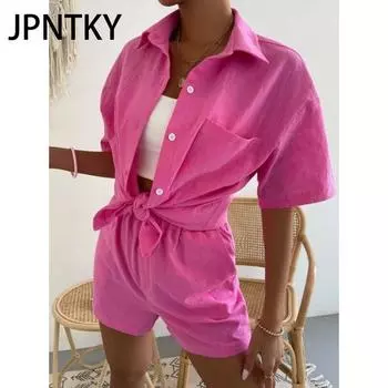 JPNTKY Cotton and Linen Fashion Set, Solid-color Pocket Patch Off-the-shoulder Shirt and Shorts, Solid-color Short-sleeved Shirt S оранжевый