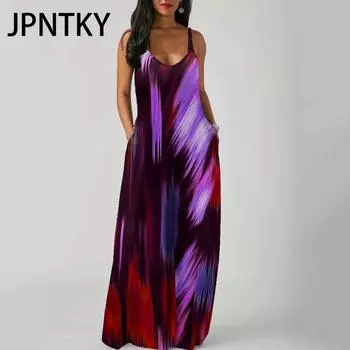 JPNTKY Элегантное модное платье длиной до пола без рукавов с V-образным вырезом, простое женское летнее платье в стиле ретро с принтом, свободная талия, прямое платье S