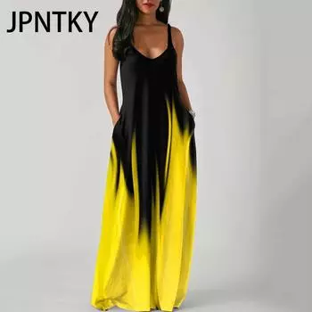 JPNTKY Элегантное модное платье длиной до пола без рукавов с V-образным вырезом, простое женское летнее платье в стиле ретро с принтом, свободная талия, прямое платье S жёлтый