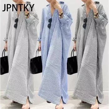 JPNTKY Корейский стиль Женское длинное рукава на пуговицах Полосатая повседневная макси-рубашка платье S белый