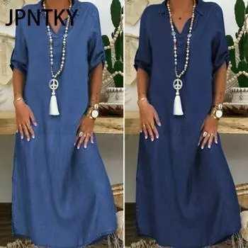JPNTKY Летнее джинсовое платье для женщин, повседневные весенние синие макси-платья с V-образным вырезом и рукавом до локтя, длинные платья больших размеров с разрезом M синий