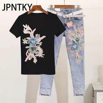 JPNTKY Летний комплект из двух предметов: прочная рубашка с короткими рукавами, вышитая бисером + рваные джинсы с заниженной талией для женщин S