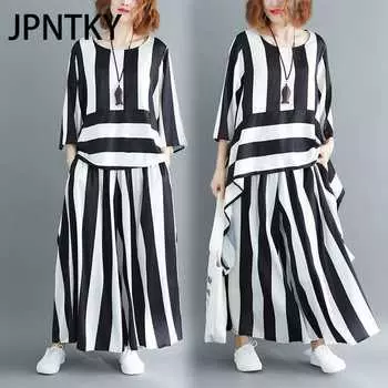 JPNTKY Летний комплект из свободного свитера и широких брюк в художественную асимметричную полоску для женщин One Size