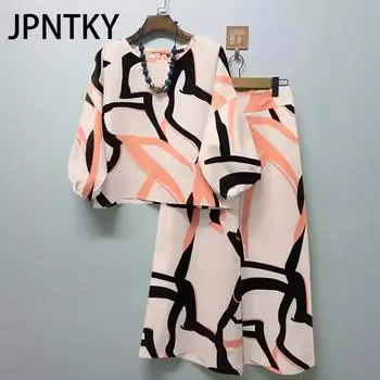 JPNTKY Летний женский повседневный комплект одежды: Верх в стиле бохо, брюки свободного покроя, комплект из 2 предметов S чёрный