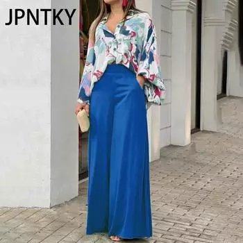 JPNTKY Летняя женская рубашка с принтом, свободная и дышащая, стильные брюки, модный и повседневный комплект S синий
