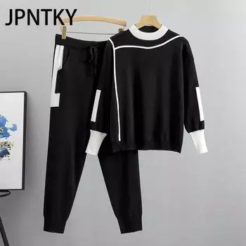 JPNTKY Модный и элегантный женский повседневный трикотажный комплект из двух предметов большого размера на весну и осень S серый