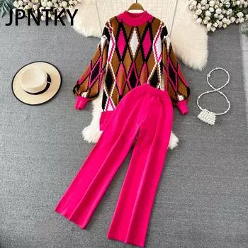 JPNTKY Модный комплект женский осенне-зимний свободный клетчатый свитер с длинными рукавами комплект из двух предметов трикотажные прямые широкие брюки с высокой талией One size красный