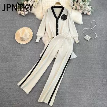 JPNTKY Модный набор: Длинные рукава, контрастный цвет, V-образный вырез, вязаный кардиган, комплект из двух предметов, высокая талия, прямые брюки, широкие брюки One size розы красного