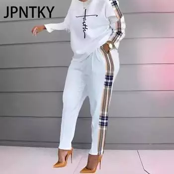 JPNTKY Модный осенне-зимний женский повседневный и удобный комплект с длинными рукавами и длинными брюками с принтом S