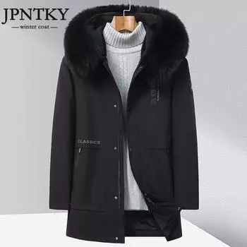 JPNTKY мужская зимняя шуба, новая мужская подкладка из кроличьего меха с воротником из лисьего меха средней длины