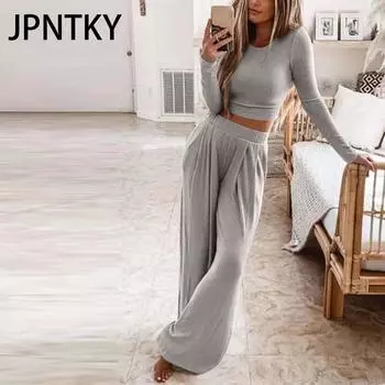 JPNTKY Осенне-зимняя женская одежда, однотонный трикотажный повседневный домашний комплект из двух предметов S розовый