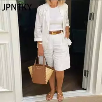 JPNTKY Осенний женский комплект из двух предметов: кардиган, топ и шорты S белый