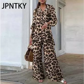 JPNTKY Осенний женский модный топ, женские брюки с леопардовым принтом, повседневный свободный костюм S темно-коричневого