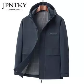JPNTKY Осенняя мужская куртка средней длины с капюшоном среднего возраста, деловое повседневное простое пальто, мужская куртка среднего возраста средней длины