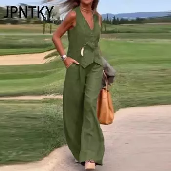 JPNTKY Повседневный и модный однотонный комплект из жилета и длинных брюк, комплект из двух предметов в стиле коллаж и пэчворк S хаки