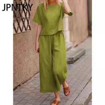 JPNTKY Повседневный костюм больших размеров, свободная однотонная рубашка и брюки, комплект из двух предметов S оранжевый