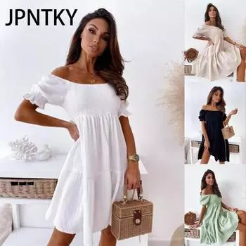 JPNTKY Сексуальное платье с разрезом на шее, женское летнее плиссированное платье с рукавами-фонариками и открытой спиной, пляжное платье для вечеринок, женское элегантное однотонное платье длиной до колена S белый