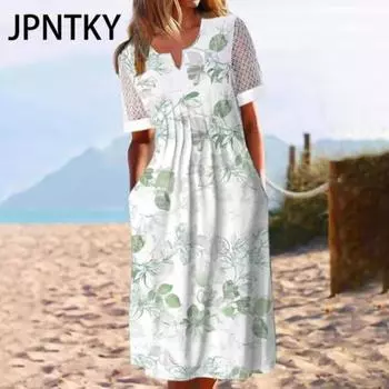 JPNTKY Summer Dress With Pockets Anti-Pilling Popular Floral Print Cocktail Tunic Long Streetwear Dressy Outfits S белый