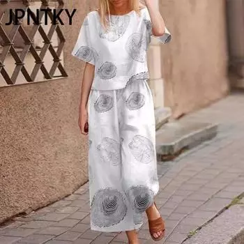 JPNTKY Весенне-летний свободный и элегантный повседневный комплект спортивной одежды из хлопка и льна с короткими рукавами S