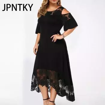JPNTKY Вышитое кружевное пэчворк платье большого размера для женщин с коротким рукавом и открытыми плечами, высокая талия S чёрный