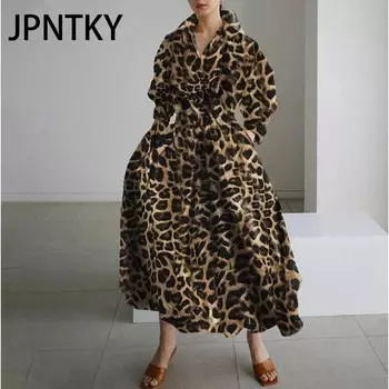JPNTKY Женская мода осень-зима леопардовый принт длинный рукав поло-воротник повседневные платья S